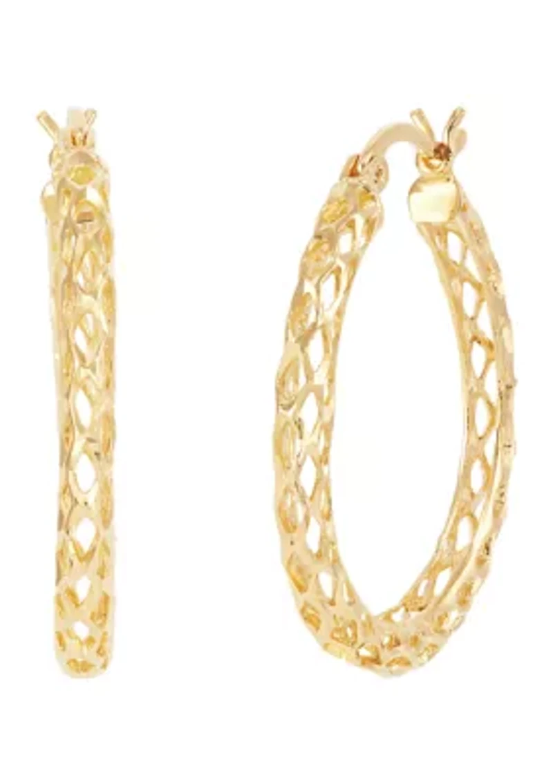 Casted Mesh Round Tube Hoop Earrings in Gold Over Sterling Silver