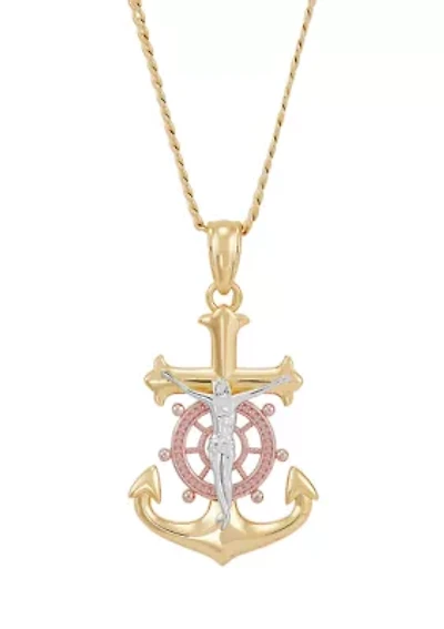 Anchor Crucifix Cross Pendant Necklace with 22" Curb Chain in Gold Over Sterling Silver