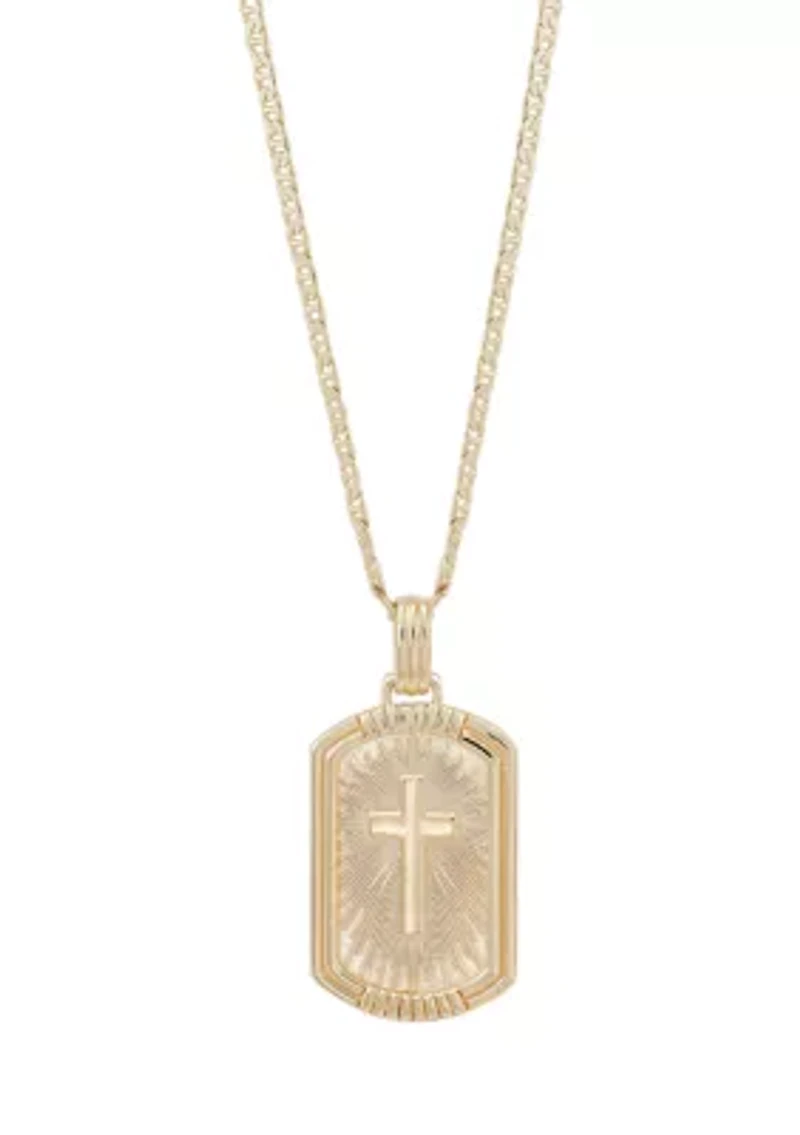 Cross Dog Tag Pendant Necklace with 22" Mariner Chain in Gold Over Sterling Silver