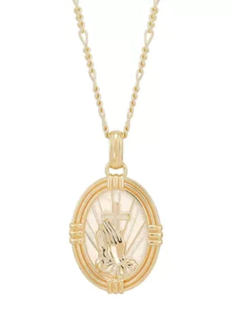 Oval Praying Hand Cross Pendent Necklace in 22" Figaro Chain in Gold Over Sterling Silver
