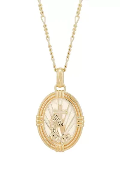 Oval Praying Hand Cross Pendent Necklace in 22" Figaro Chain in Gold Over Sterling Silver