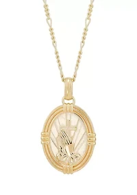 Oval Praying Hand Cross Pendent Necklace in 22" Figaro Chain in Gold Over Sterling Silver