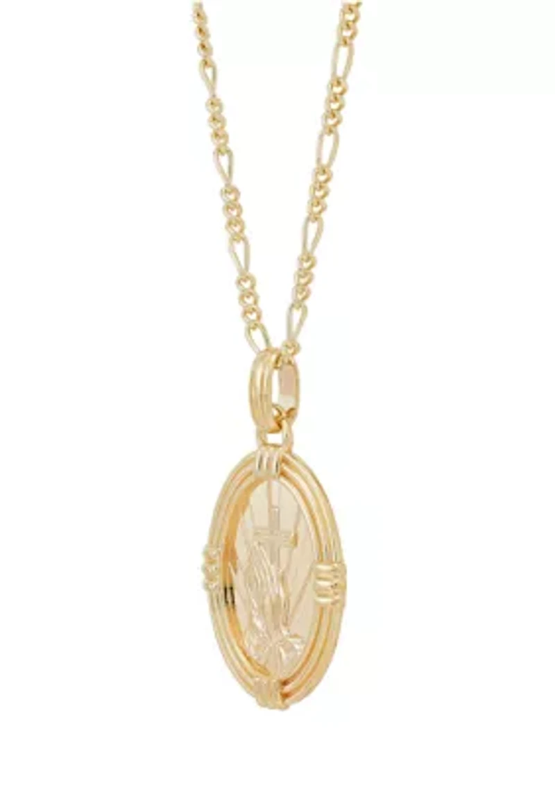 Oval Praying Hand Cross Pendent Necklace in 22" Figaro Chain in Gold Over Sterling Silver