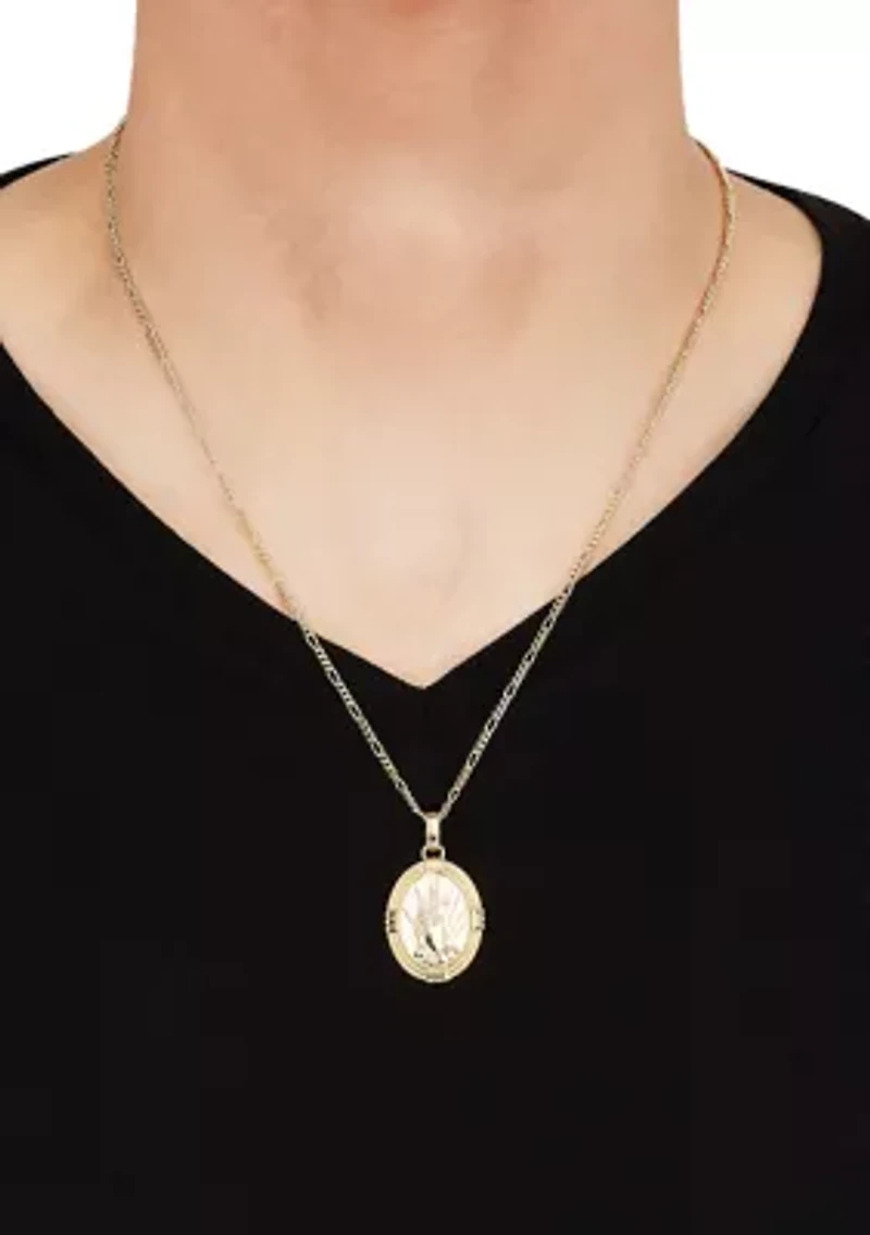 Oval Praying Hand Cross Pendent Necklace in 22" Figaro Chain in Gold Over Sterling Silver