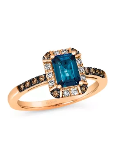 1.33 ct. t.w. Deep Sea Blue Topaz™, 1/10 Nude Diamonds™, Chocolate Diamonds® Ring 14K Strawberry Gold®