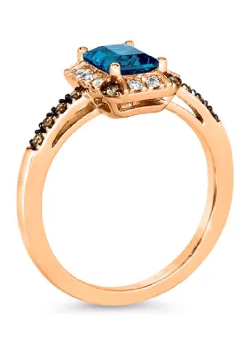 1.33 ct. t.w. Deep Sea Blue Topaz™, 1/10 Nude Diamonds™, Chocolate Diamonds® Ring 14K Strawberry Gold®