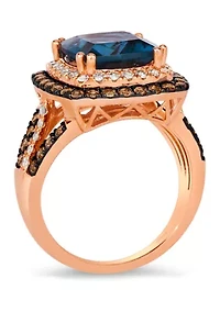Ring featuring 4.5 ct. t.w. Deep Sea Blue Topaz™, 5/8 Chocolate Diamonds®, 1/3 Nude Diamonds™ 14K Strawberry Gold®