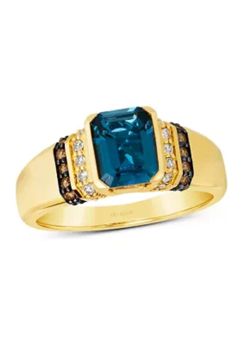 Ring featuring 2.5 ct. t.w. Deep Sea Blue Topaz™, 1/8 ct. t.w. Chocolate Diamonds®, and 1/4 ct. t.w. Nude Diamonds™ in 14K Honey Gold™