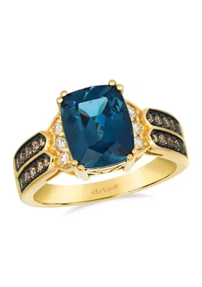 Ring featuring 3.2 ct. t.w. Deep Sea Blue Topaz™, 1/10 ct. t.w. Nude Diamonds™, 1/4 ct. t.w. Chocolate Diamonds® set in 14K Honey Gold™