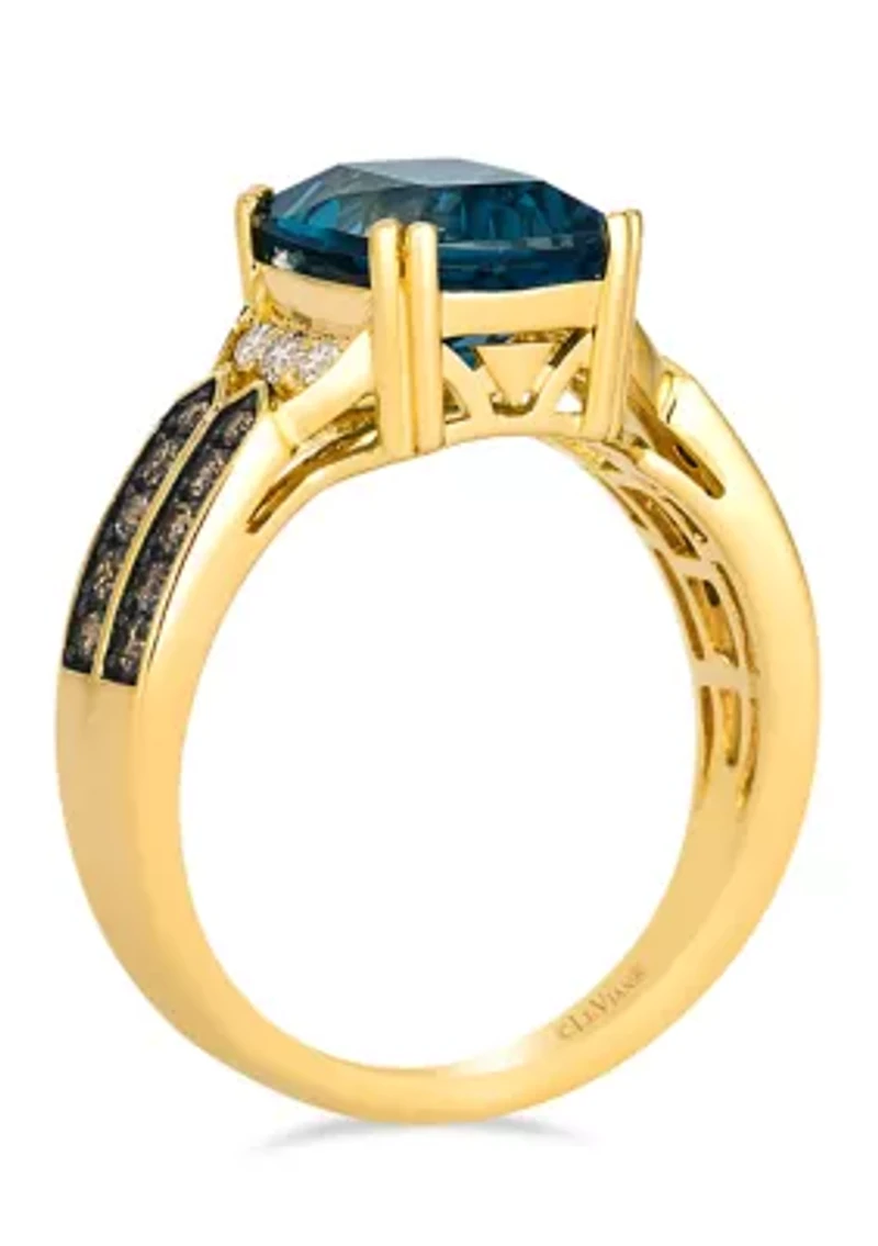 Ring featuring 3.2 ct. t.w. Deep Sea Blue Topaz™, 1/10 ct. t.w. Nude Diamonds™, 1/4 ct. t.w. Chocolate Diamonds® set in 14K Honey Gold™
