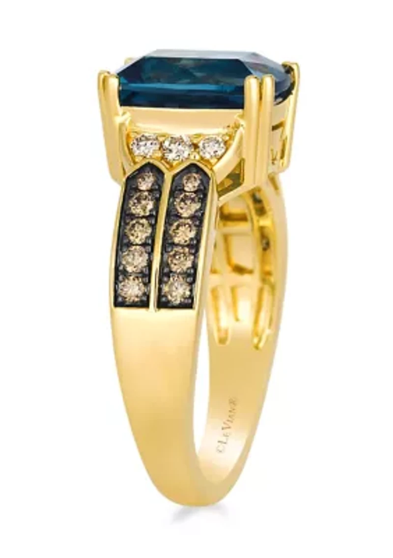 Ring featuring 3.2 ct. t.w. Deep Sea Blue Topaz™, 1/10 ct. t.w. Nude Diamonds™, 1/4 ct. t.w. Chocolate Diamonds® set in 14K Honey Gold™