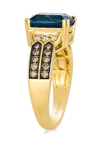 Ring featuring 3.2 ct. t.w. Deep Sea Blue Topaz™, 1/10 ct. t.w. Nude Diamonds™, 1/4 ct. t.w. Chocolate Diamonds® set in 14K Honey Gold™