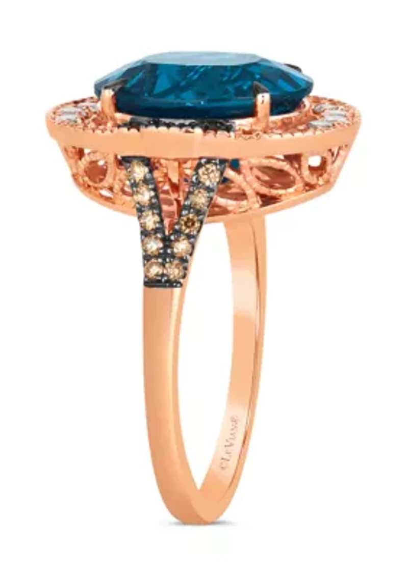 Ring featuring 5 cts. Deep Sea Blue Topaz™, 1/4 cts. Nude Diamonds™, 1/4 cts. Chocolate Diamonds® set in 14K Strawberry Gold®