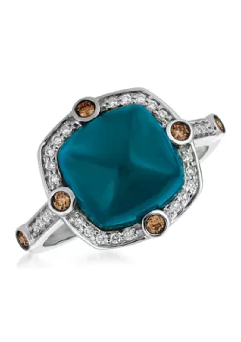 Chocolatier® Ring featuring 5.2 ct. t.w. Deep Sea Blue Topaz™, 1/10 ct. t.w. Chocolate Diamonds®, 1/8 ct. t.w. Vanilla Diamonds® set in 14K Vanilla Gold®
