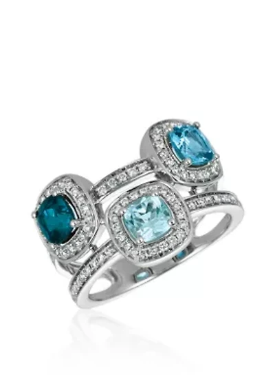 Ocean Blue Topaz™ with Deep Sea Blue Topaz™, Sky Blue Topaz,™ and Vanilla Diamonds® Ring in 14k Vanilla Gold®