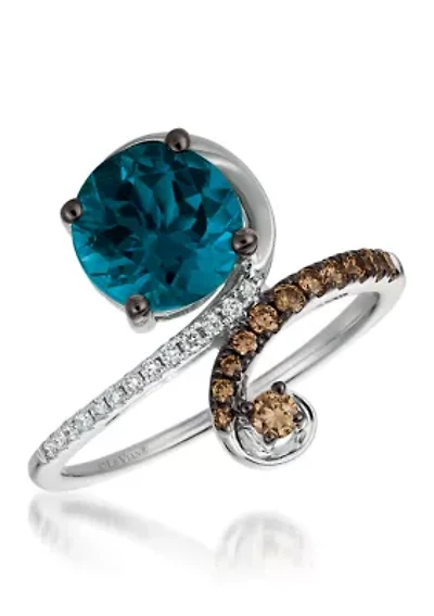 Chocolatier® Ring featuring 2 ct. t.w. Deep Sea Blue Topaz™, 1/5 ct. t.w. Chocolate Diamonds®, 1/20 ct. t.w. Vanilla Diamonds® set in 14K Vanilla Gold®