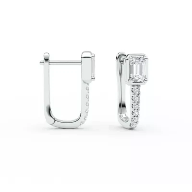 0.68 ct. tw. Lab Created Moissanite Emerald Accented Hoop Earrings in Sterling Silver