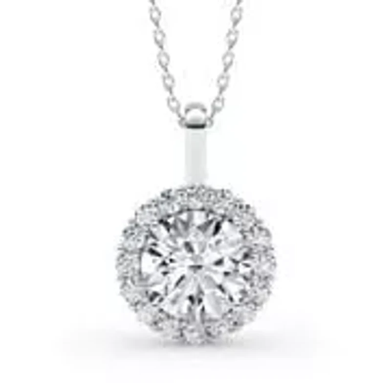 ct. tw. Lab Created Moissanite Round Halo Pendant Necklace in Sterling Silver