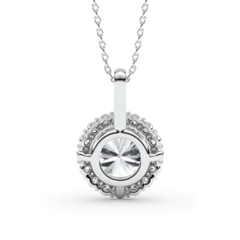 ct. tw. Lab Created Moissanite Round Halo Pendant Necklace in Sterling Silver