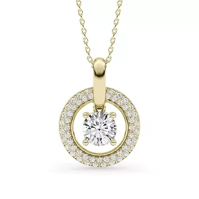 1.44 ct. tw. Lab Created Moissanite Round Halo Pendant Necklace in Sterling Silver 14K Vermeil