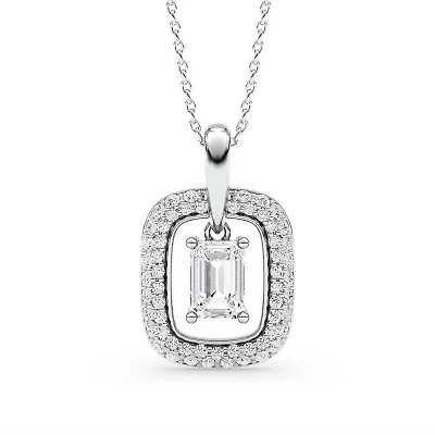 1.47 ct. tw. Lab Created Moissanite Emerald Halo Pendant Necklace in Sterling Silver