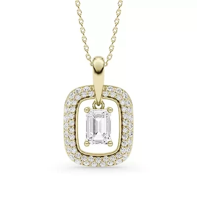 1.47 ct. tw. Lab Created Moissanite Emerald Halo Pendant Necklace in Sterling Silver 14K Vermeil