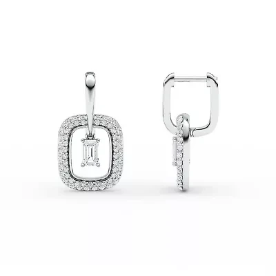 2.01 ct. tw. Lab Created Moissanite Emerald Halo Hoop Earrings in Sterling Silver