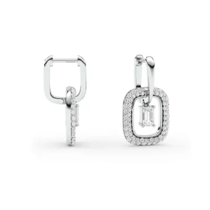 2.01 ct. tw. Lab Created Moissanite Emerald Halo Hoop Earrings in Sterling Silver