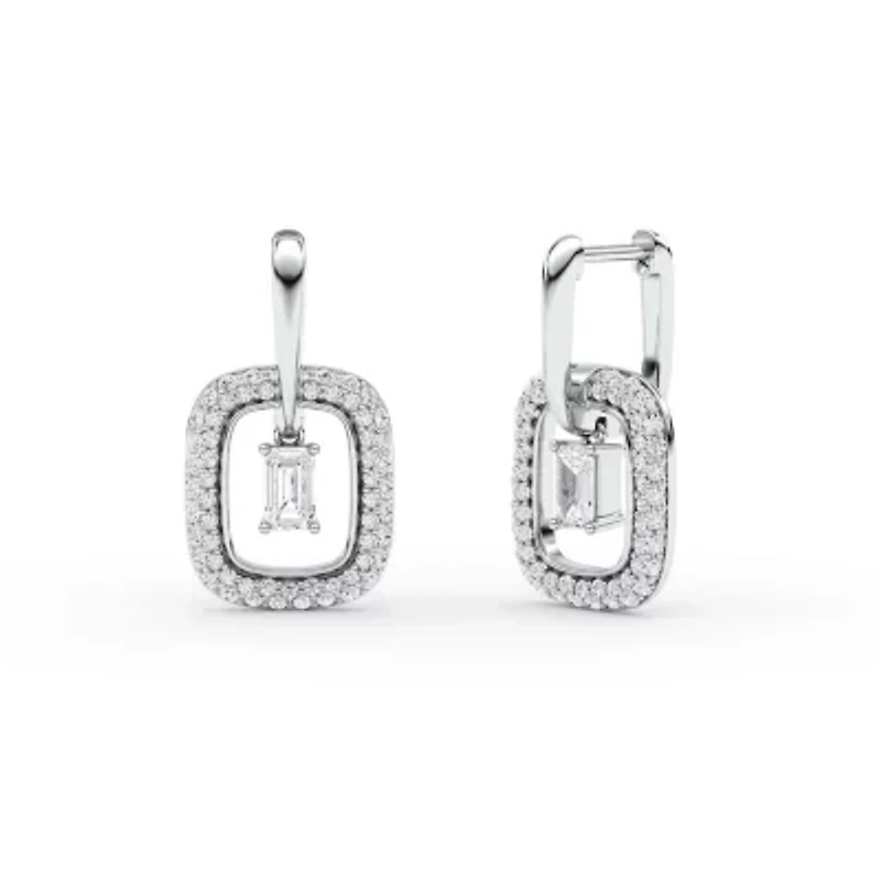 2.01 ct. tw. Lab Created Moissanite Emerald Halo Hoop Earrings in Sterling Silver