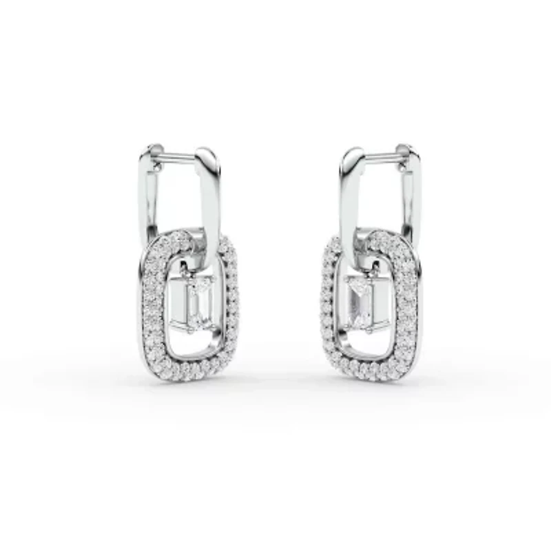 2.01 ct. tw. Lab Created Moissanite Emerald Halo Hoop Earrings in Sterling Silver