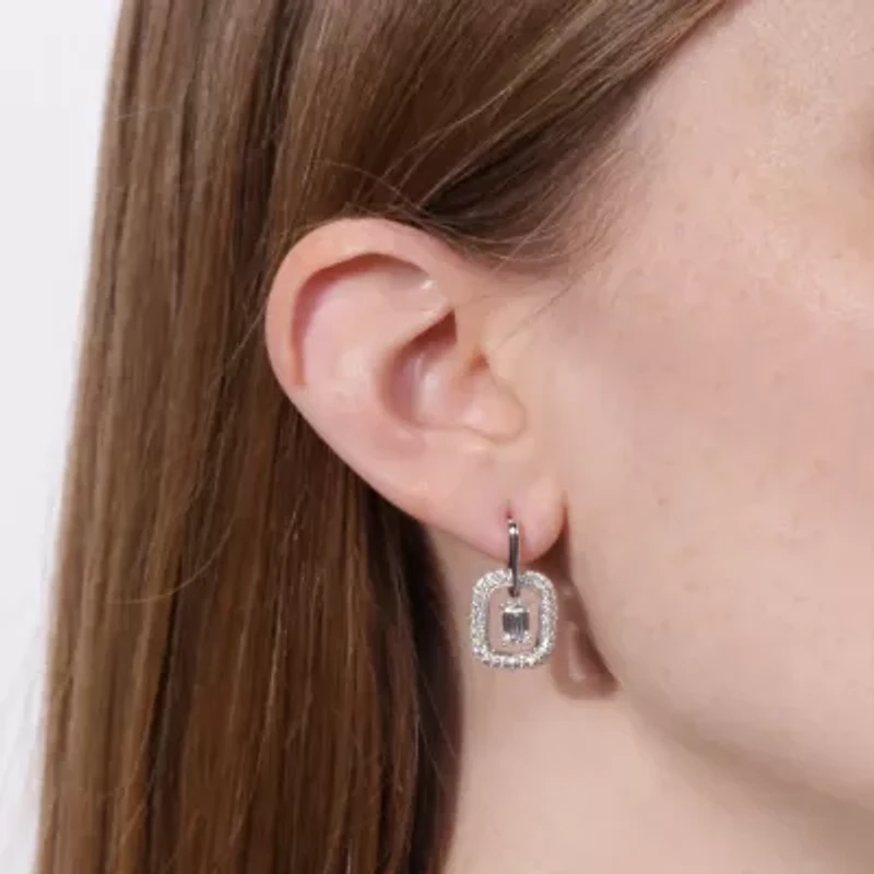 2.01 ct. tw. Lab Created Moissanite Emerald Halo Hoop Earrings in Sterling Silver