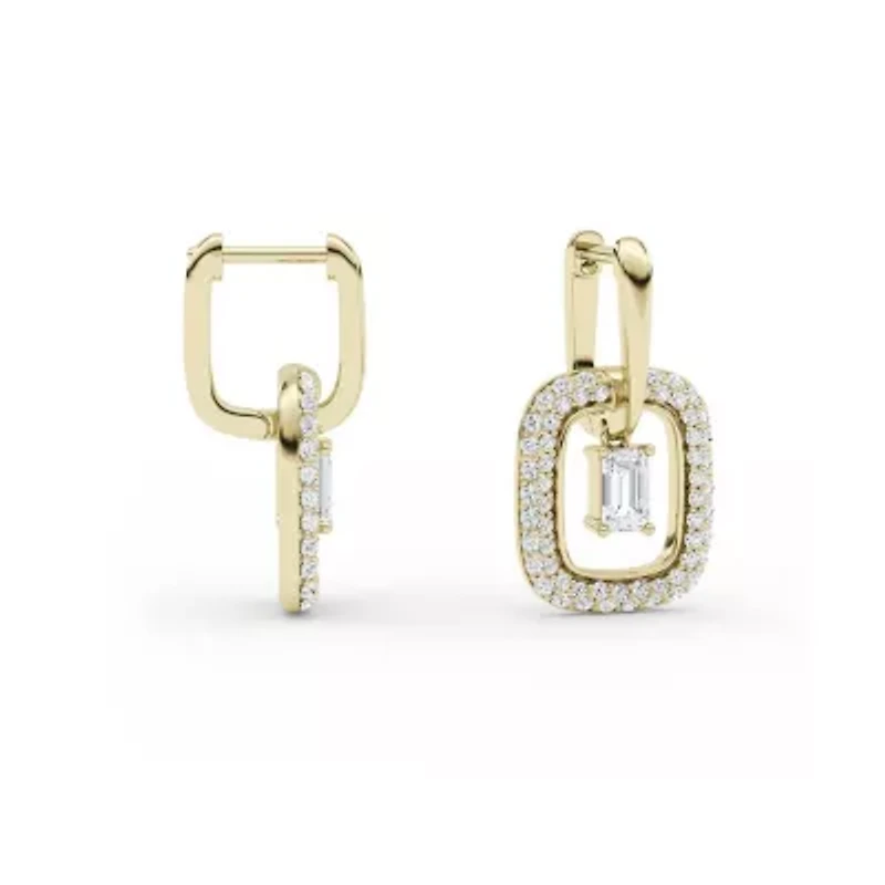 2.01 ct. tw. Lab Created Moissanite Emerald Halo Hoop Earrings in Sterling Silver 14K Vermeil