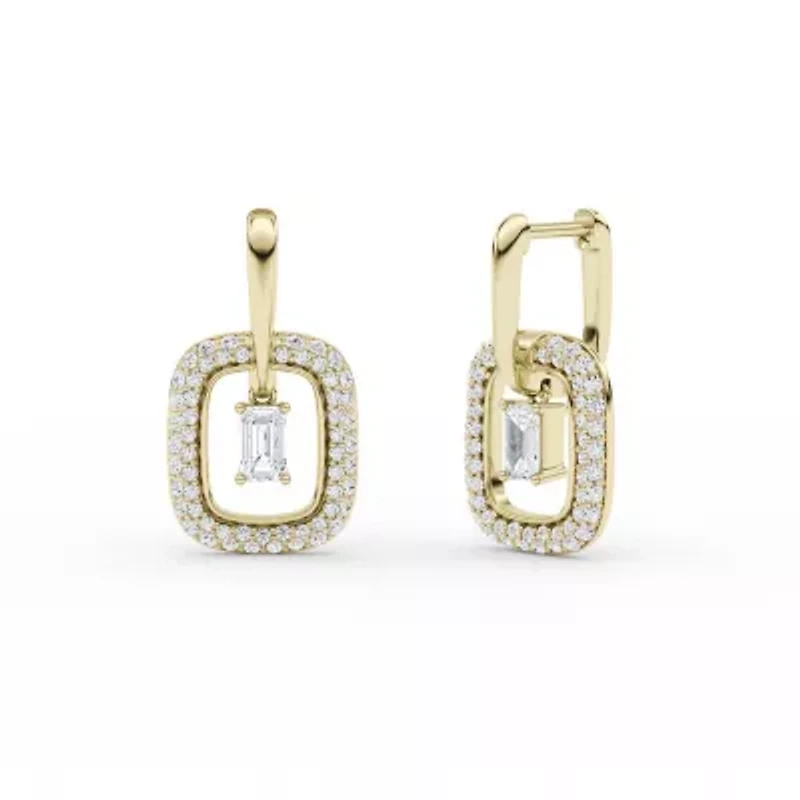 2.01 ct. tw. Lab Created Moissanite Emerald Halo Hoop Earrings in Sterling Silver 14K Vermeil