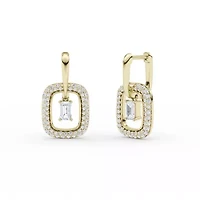 2.01 ct. tw. Lab Created Moissanite Emerald Halo Hoop Earrings in Sterling Silver 14K Vermeil