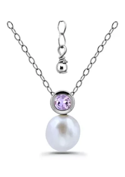 Freshwater Pearl and Bezel Set Round Semi Precious Stone Sterling Silver Pendant