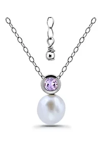 Freshwater Pearl and Bezel Set Round Semi Precious Stone Sterling Silver Pendant