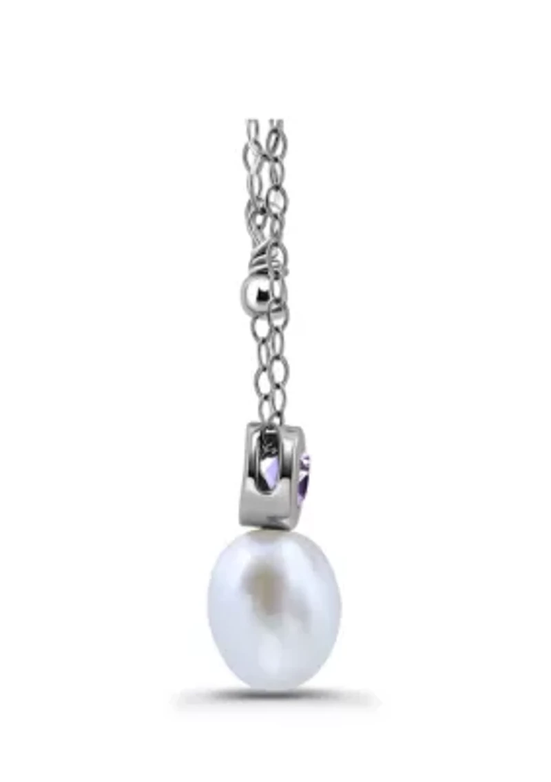 Freshwater Pearl and Bezel Set Round Semi Precious Stone Sterling Silver Pendant