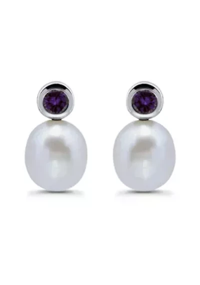 Freshwater Pearl and Bezel Set Round Semi Precious Stone Sterling Silver Post Earrings