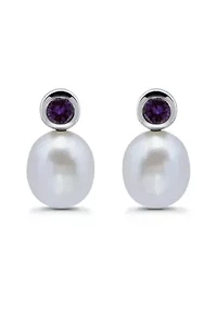 Freshwater Pearl and Bezel Set Round Semi Precious Stone Sterling Silver Post Earrings