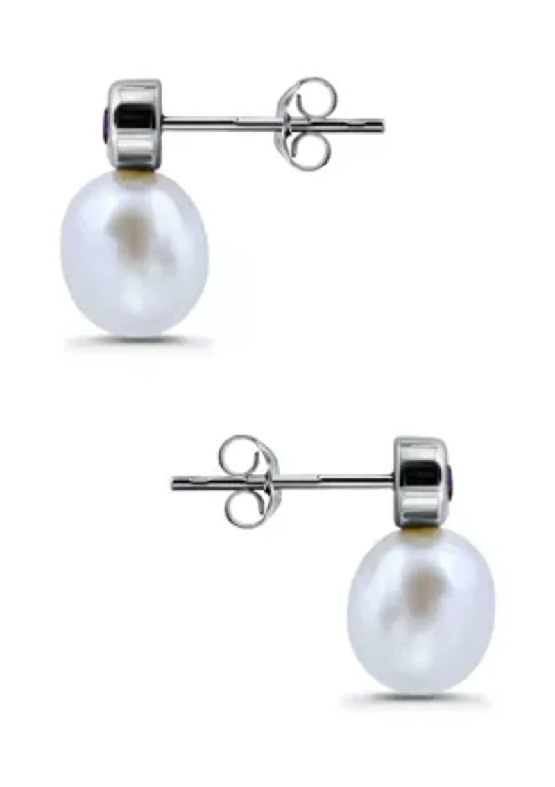 Freshwater Pearl and Bezel Set Round Semi Precious Stone Sterling Silver Post Earrings