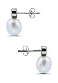 Freshwater Pearl and Bezel Set Round Semi Precious Stone Sterling Silver Post Earrings