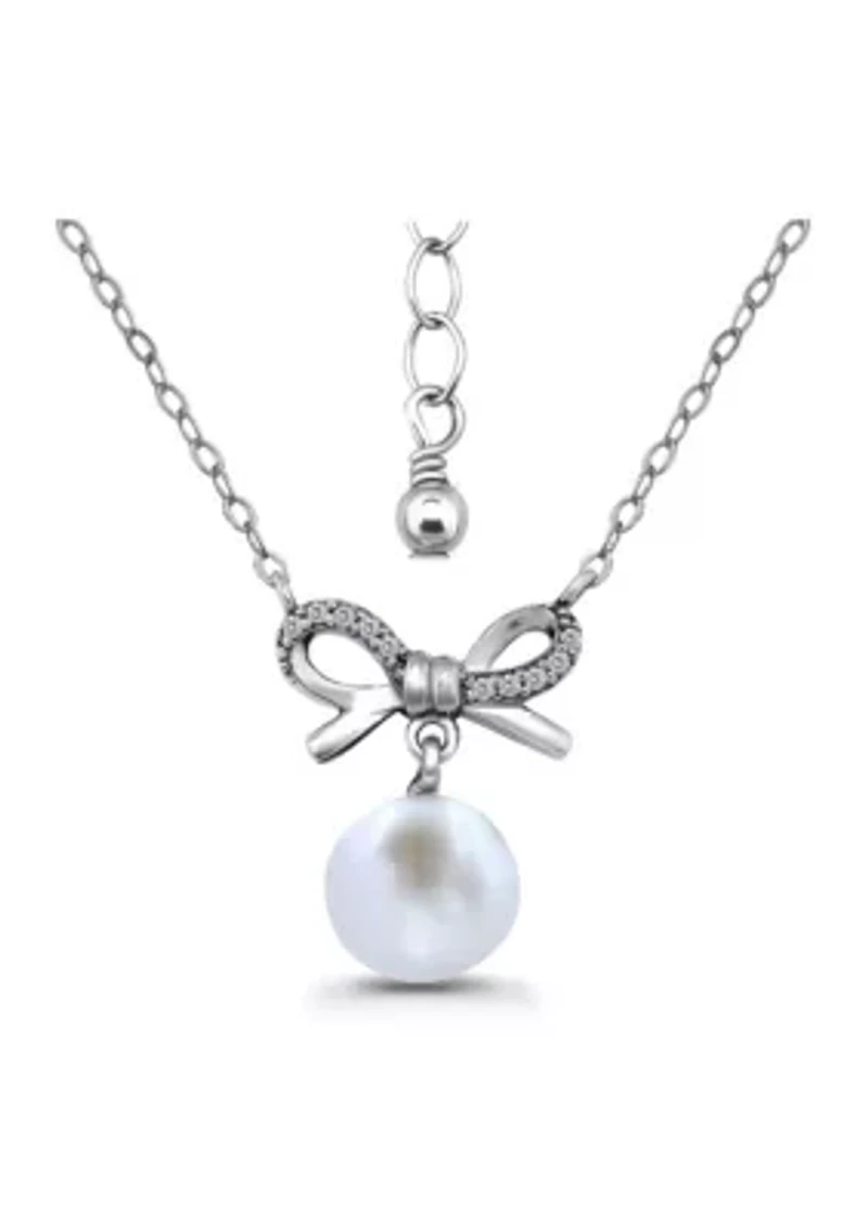 Freshwater Pearl and Pave White Topaz Bow Sterling Silver Necklace
