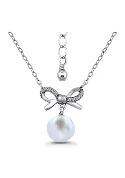 Freshwater Pearl and Pave White Topaz Bow Sterling Silver Necklace