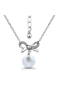Freshwater Pearl and Pave White Topaz Bow Sterling Silver Necklace