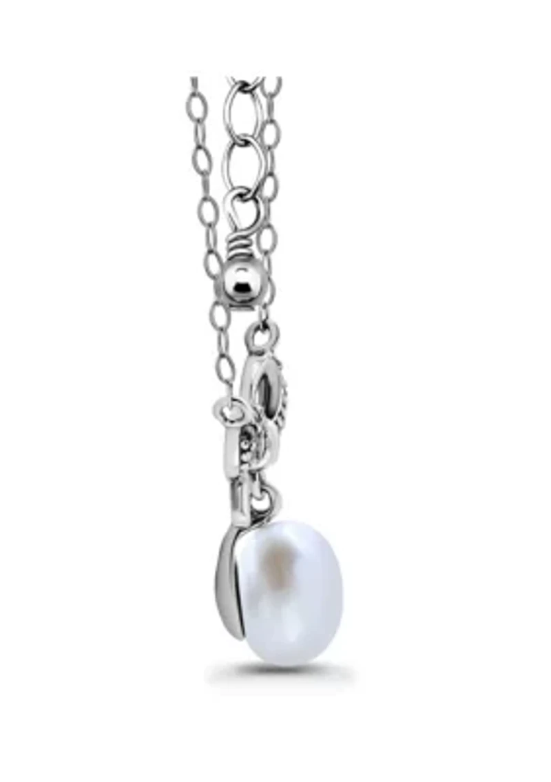 Freshwater Pearl and Pave White Topaz Bow Sterling Silver Necklace