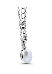 Freshwater Pearl and Pave White Topaz Bow Sterling Silver Necklace