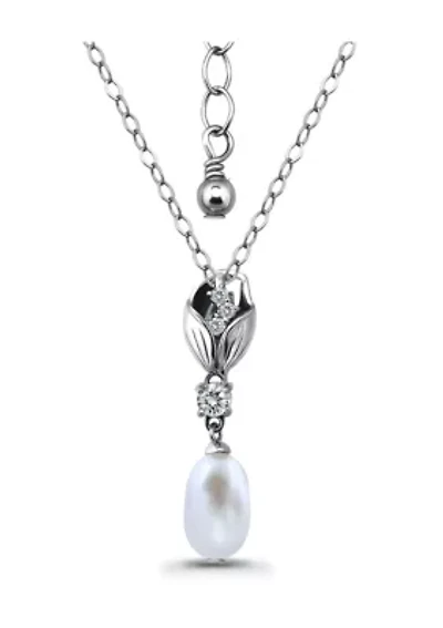 Freshwater Pearl and White Topaz Sterling Silver Tulip Pendant