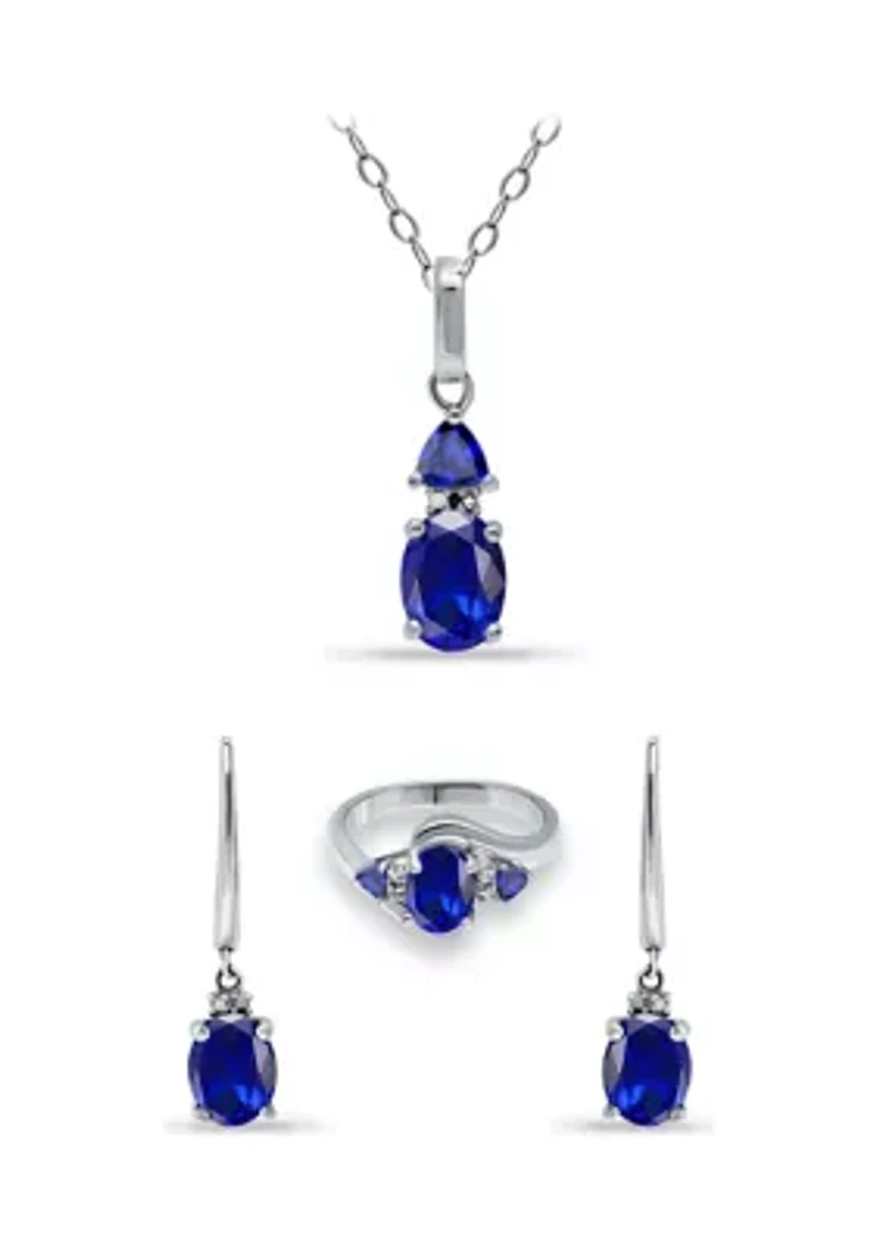 Lab Created 5.12 ct. Nano Blue Sapphire and Diamond Pendant Necklace, Ring and Drop Earrings, 3pc Set, Sterling Silver