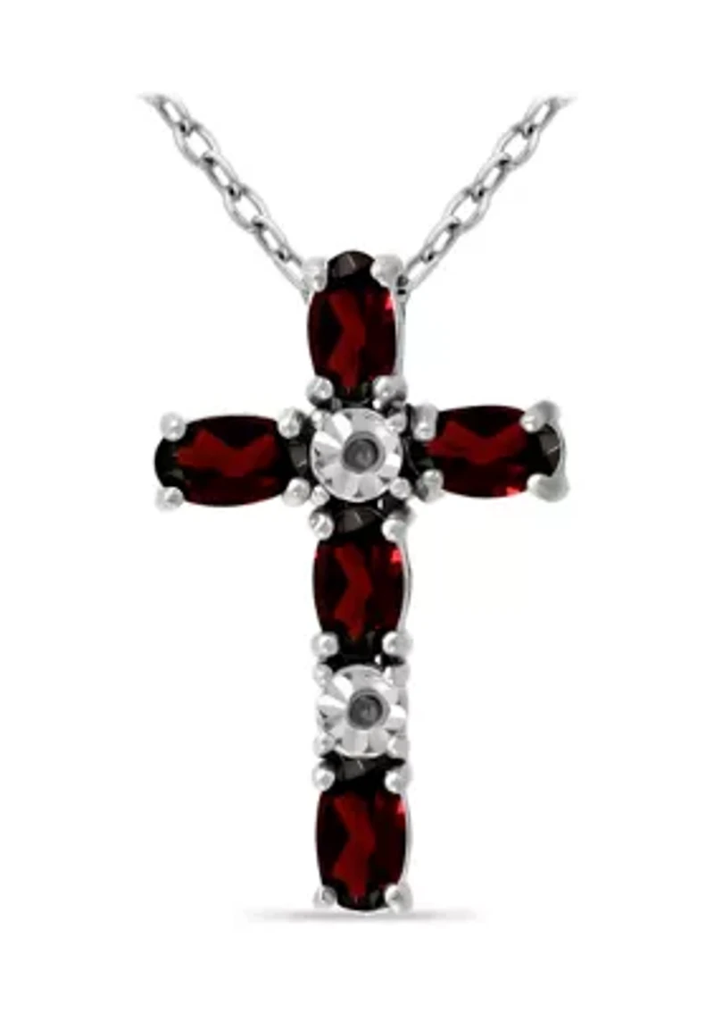 1.26 ct. t.w. Garnet and Diamond Cross Necklace, Sterling Silver