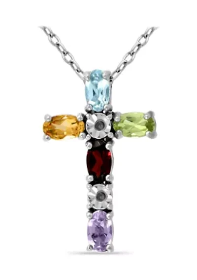 1.13 ct. t.w. Multi Gemstone and Diamond Cross Necklace, Sterling Silver